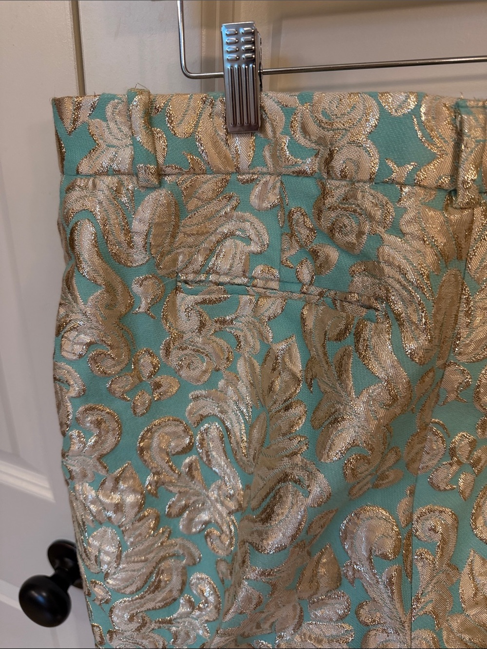 J Crew Collection lined 12 Aqua and Gold Brocade Dress Pants cropped - Picture 6 of 8